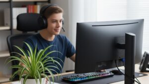 Молодой человек работает за компьютером с комнатным растением на столе, очищающим воздух