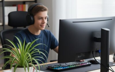 Молодой человек работает за компьютером с комнатным растением на столе, очищающим воздух